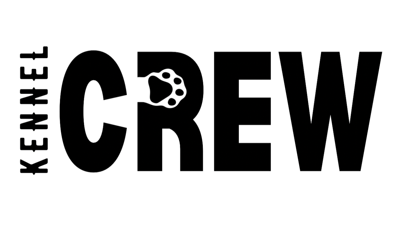 Black 'Kennel Crew' logo with paw print on a white background